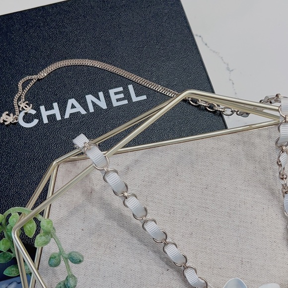 Chanel Triple Metal White Camellia Braided Ribbon CC Logo Necklace - Picture 2 of 11